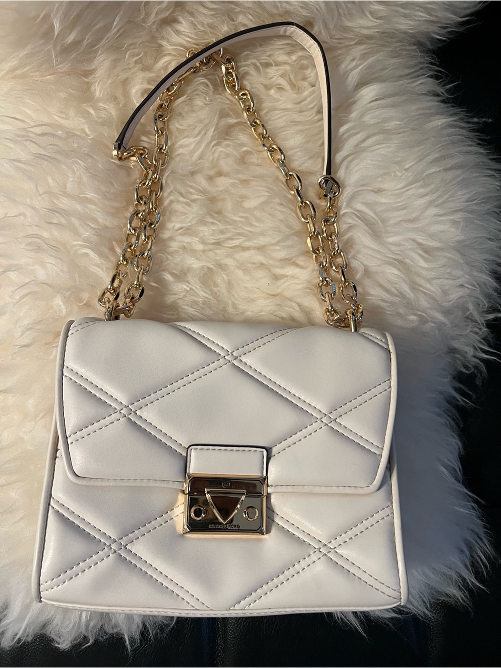 Michael Kors Sloan-Style Quilted Flap Shoulder Crossbody Bag Ivory Gold Chain